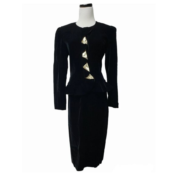 80s - 90s Maggy Boutique black velvet and ruffled gold blouse and skirt set . si
